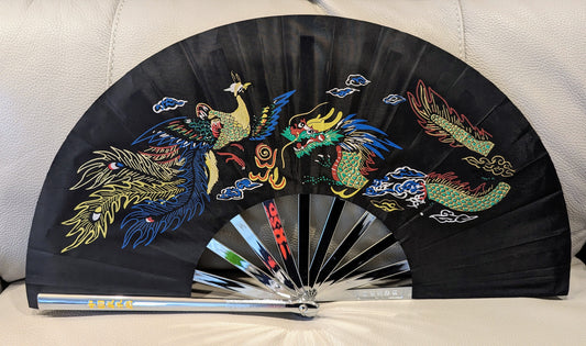 Black Dragon Phoenix Metal Fan Left Hand
