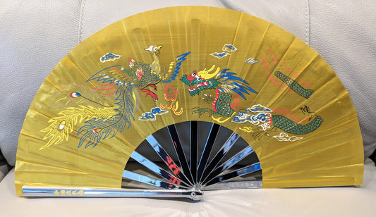 Gold Dragon Phoenix Metal Fan Left Hand