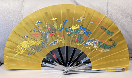 Gold Dragon Phoenix Metal Fan Right Hand