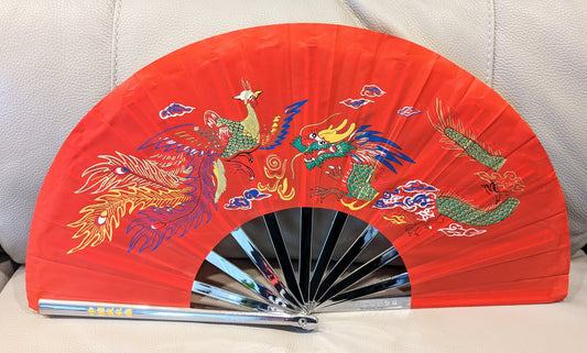 Red Dragon Phoenix Metal Fan Left Hand